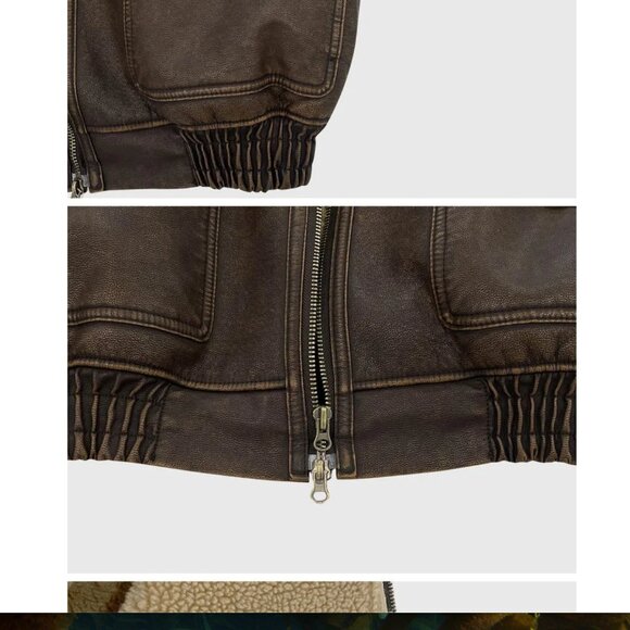 Maybebaby Faux Leather Oversized Shearling Bomber Jacket in Brown XS-M - Picture 11 of 12